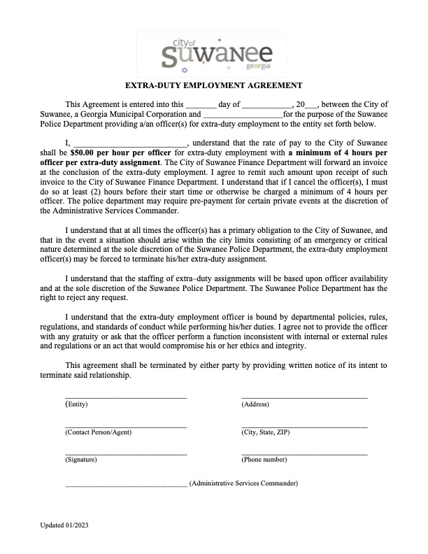 Suwanee PD Extra-Duty Employment Agreement thumbnail